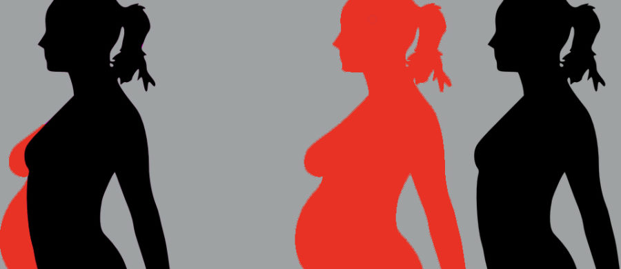 Three silhouettes, two of pregnant women and one of a non-pregnant woman. One image shows the pregnancy in a contrasting color showing ambiguity between pregnancy and non-pregnancy.