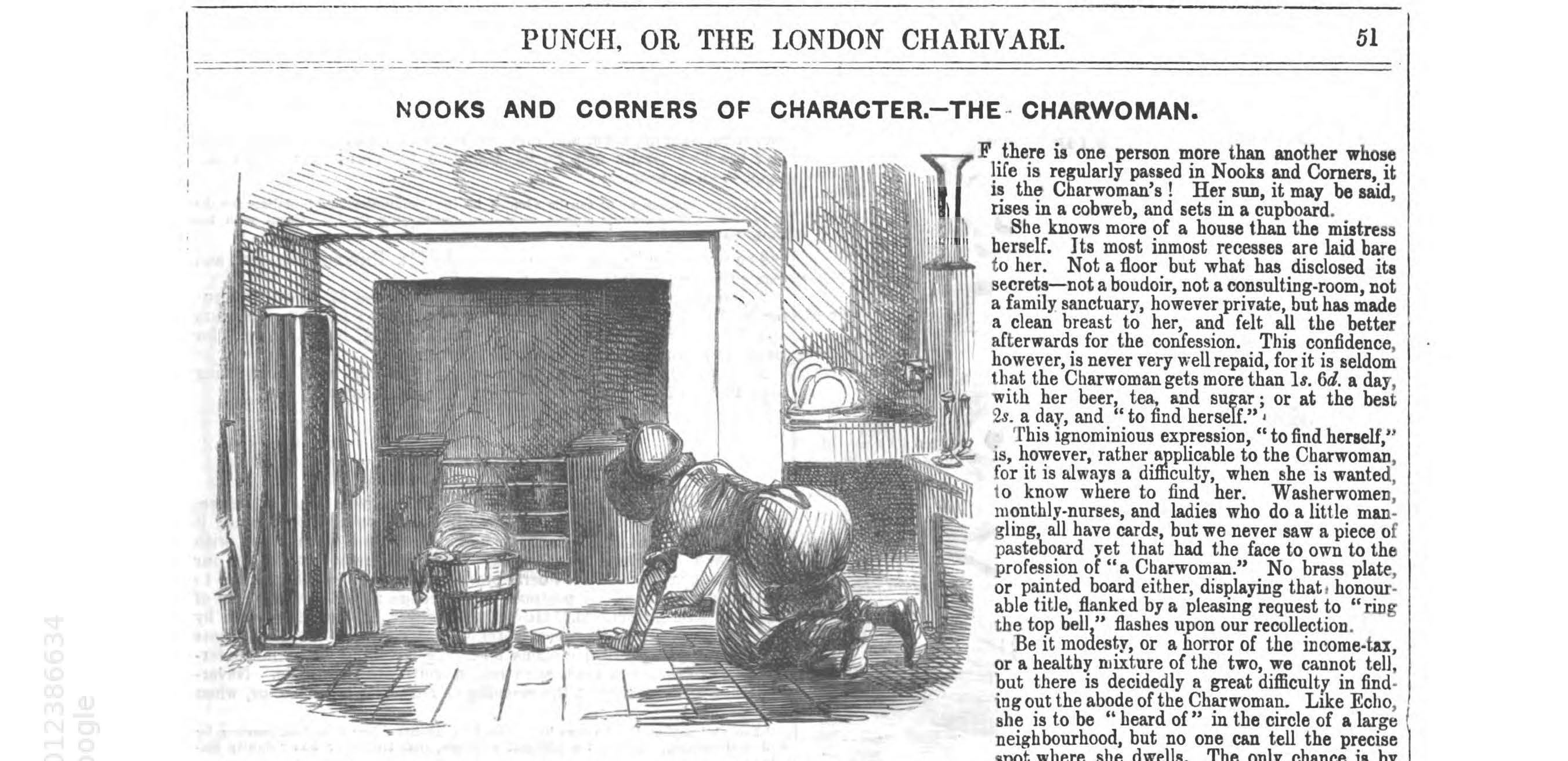 Line drawing of a charwoman on her hands and knees scrubbing the are in front of a fireplace.