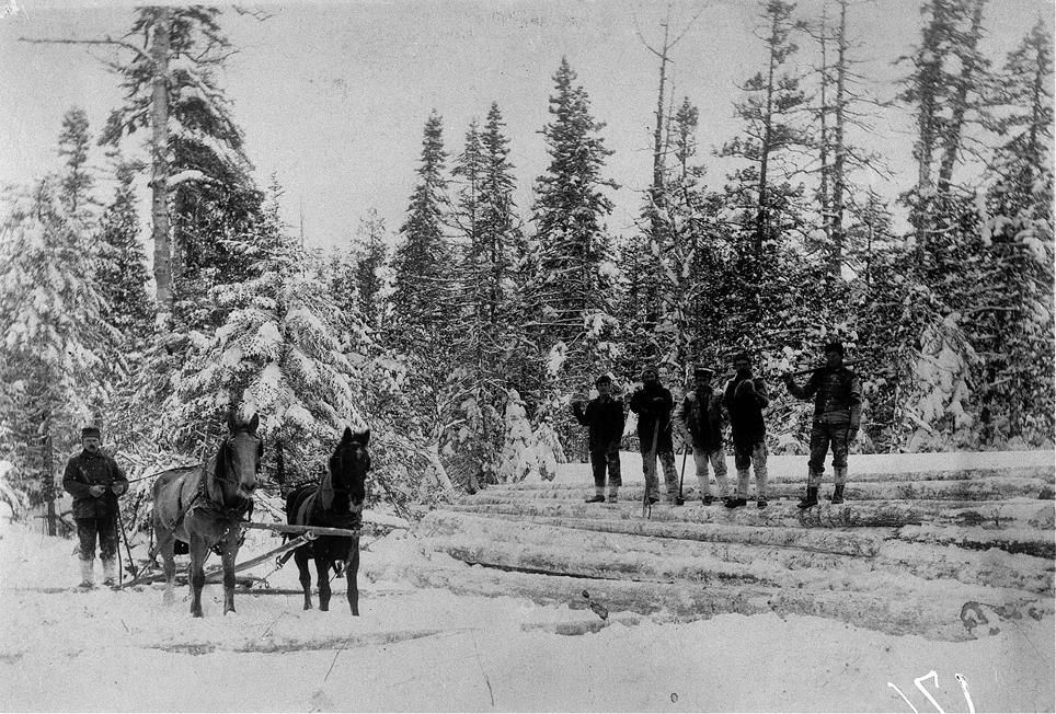 Lumbermen standing on timer, in the snow.