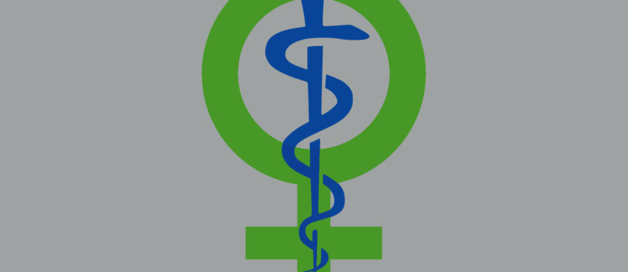 Women's health image includes a caduceus centered on the international symbol for female.