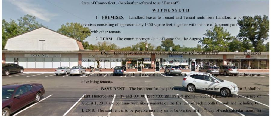 Image of a shopping center overlaid with an excerpt from the lease