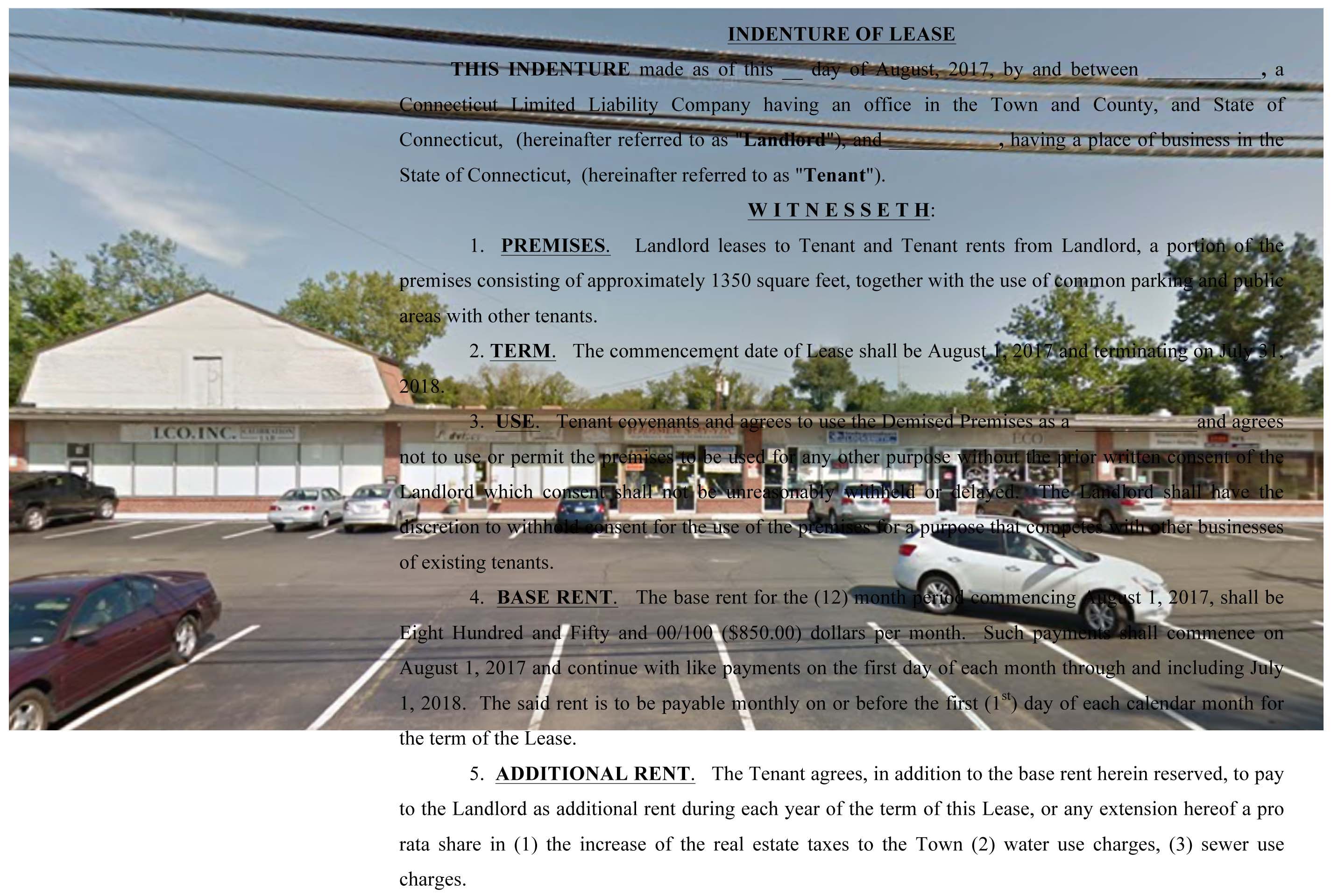 Image of a shopping center overlaid with an excerpt from the lease