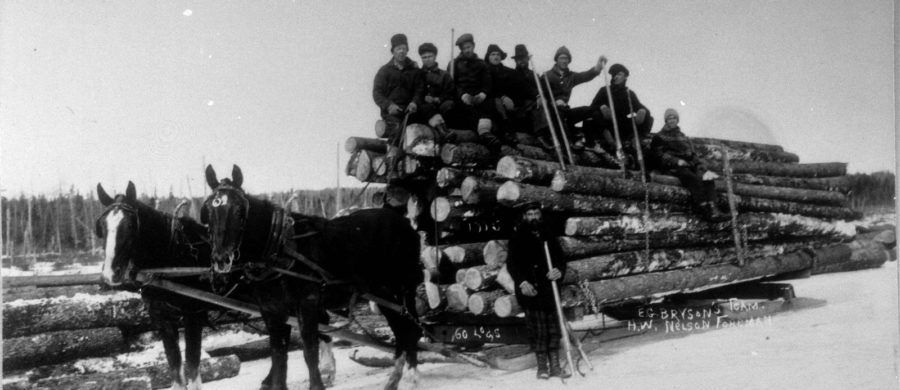 Lumbermen on top of horse drawn lumber cart.